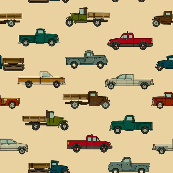 Bezešvé vzory různých tažených modelů amerických automobilů pro potisk, textil, web. Vektorová ilustrace. — Stockový vektor