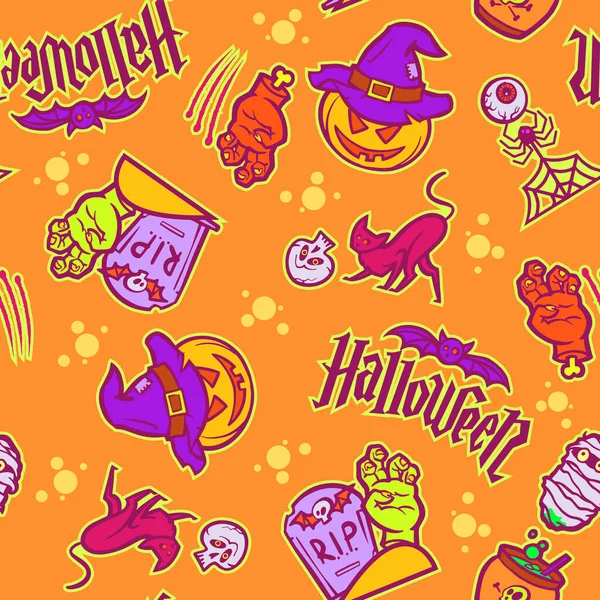 Patrón sin costuras para la decoración de vacaciones de Halloween. Halloween símbolos estilo de dibujos animados calabaza, bat.Vector ilustración — Vector de stock