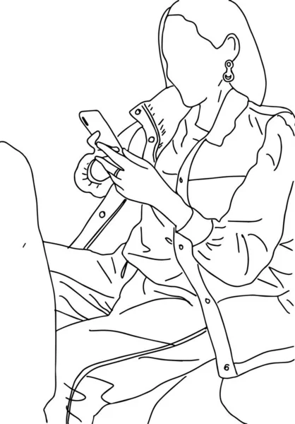 Изображение сидящей девушки с телефоном в линейном стиле. Черно-белая векторная иллюстрация. — стоковый вектор