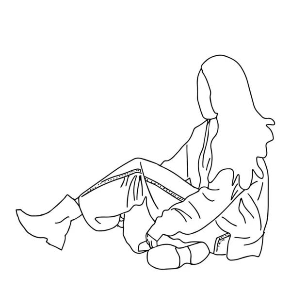 ファッショナブルな服を着た美しい女の子座って 直線型 ウェブサイト バナーで印刷するため ベクトル クリップ — ストックベクタ