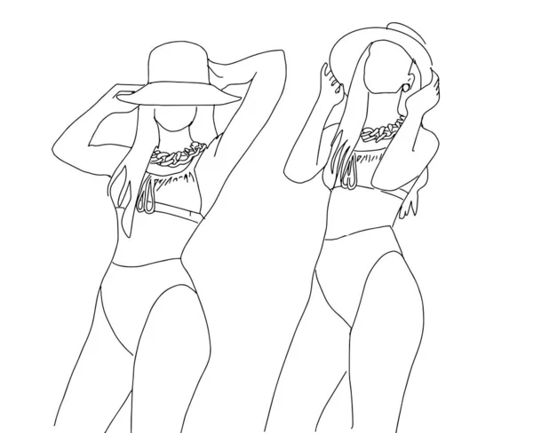 Dos chicas sexy posando en trajes de baño y sombreros. Estilo lineal. Ilustración vectorial. — Archivo Imágenes Vectoriales