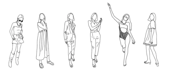 Filles dessinées dans un style linéaire pour un magazine de mode. Illustration vectorielle. — Image vectorielle