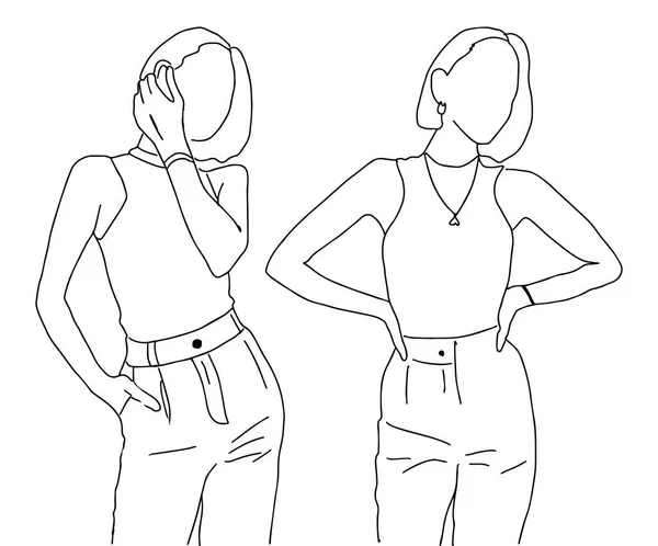 Duas meninas bonitas estão de pé em poses diferentes anunciando um estilo moderno de roupa. Estilo linear. Ilustração vetorial. —  Vetores de Stock