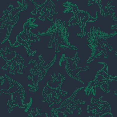 Dinozorlar siyah bir arkaplanda yeşil çizgili bir desen çizdiler. Vektör illüstrasyonu.