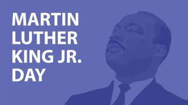 Kiev. Ukrayna - 10 Aralık 2020: Martin Luther King Günü için yatay bayrak. Portresi olan bir poster. Vektör illüstrasyonu