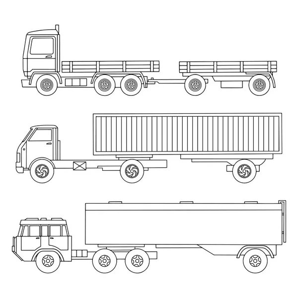 Um conjunto de caminhões pesados linearmente desenhados. Um petroleiro a gasolina. Camião com reboque, Container. Ilustração vetorial —  Vetores de Stock