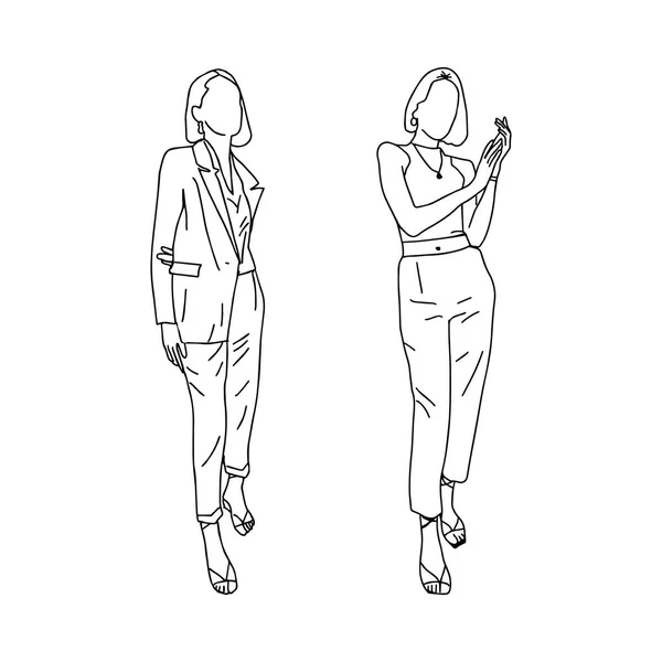 Las chicas de negocios en diferentes poses se dibujan con una línea delgada. Para la formalización de la cuenta del estilista, la tienda de ropa, el diseño de la moda. Ilustración vectorial. — Vector de stock