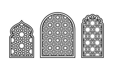 Geleneksel İslami geometrik desenli doğu tarzı pencereler. Beyaz arka plana oyma için siluetler. Vektör ortamı.