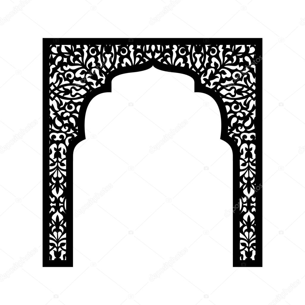 Silhouette of an islamic arch with plant elements for laser cutting. Production of decor for weddings and festive events, visiting ceremony. Vector clipart.