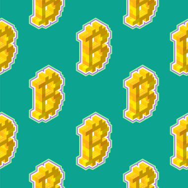 Yeşil zemin üzerinde izometrik görüntüde sarı bloklardan oluşan bitcoin işareti. Kusursuz desen. Vektör illüstrasyonu.