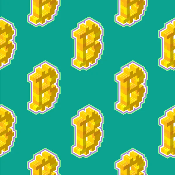 Yeşil zemin üzerinde izometrik görüntüde sarı bloklardan oluşan bitcoin işareti. Kusursuz desen. Vektör illüstrasyonu.