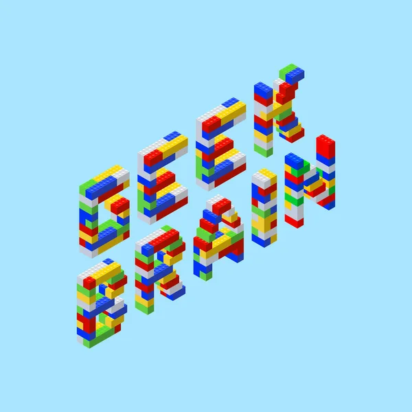 Isometrische Buchstaben aus Plastikblöcken auf blauem Hintergrund in der Phrase -geek brain. Vektorillustration. — Stockvektor