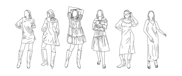Nastolatki w sukienkach różnych stylów rysowane są w stylu liniowym. Ilustracja wektora. — Wektor stockowy