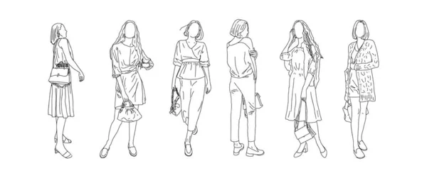 Lineare Zeichnung von Mädchen Werbung für verschiedene Modelle von Taschen.. — Stockvektor