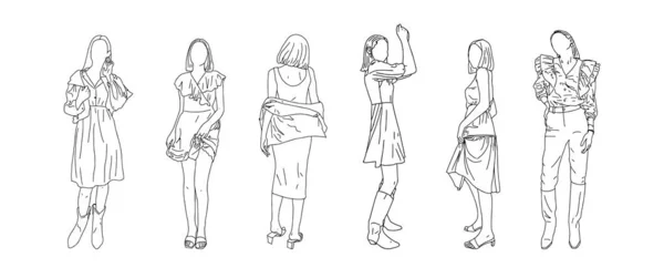 Disegnato in uno stile lineare ragazze adolescenti. Illustrazione vettoriale. — Vettoriale Stock