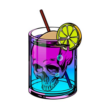 Kafatası ve neon içeceklerle dolu ölüm kokteyli pop sanatıyla çizilmiş. Vektör illüstrasyonu.