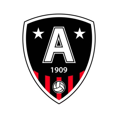 Hatıra eşyaları için futbol kulübü amblemi. Kuruluş tarihi, futbol topu ve kulüp renkleriyle logo. Vektör illüstrasyonu.