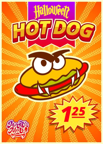 Mostro del menu con hot dog. Bandiera verticale con cartellino del prezzo per Fast food cafè per Halloween. Illustrazione vettoriale. — Vettoriale Stock