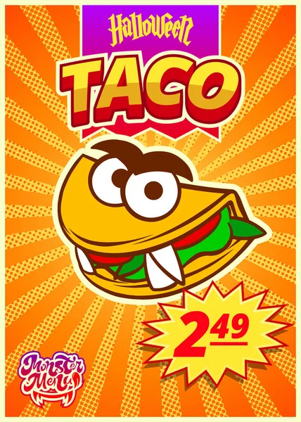 Menú monstruoso con tacos mexicanos. Banner vertical con etiqueta de precio para café de comida rápida para el día de Halloween. Ilustración vectorial. — Archivo Imágenes Vectoriales