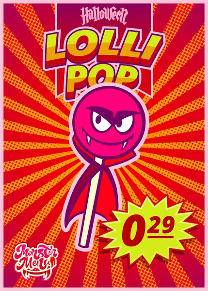 Lolipoplu menü canavarı. Cadılar Bayramı 'nda bir fast food kafe için fiyat etiketi olan dikey bir afiş. Vektör illüstrasyonu.