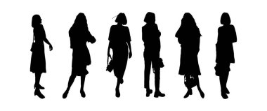 Modern kıyafetlerle poz veren bir grup genç kızın siluetleri. Baskı ve lazer kesimi için. Vektör illüstrasyonu.