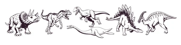 Desenho à mão de um grupo de dinossauros de desenhos animados bonitos para impressão em camisetas, canecas, bolsas e desenhos. Ilustração vetorial. — Vetor de Stock