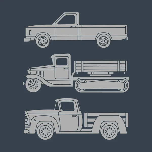 Набор винтажных грузовиков. Простые иконки на темном фоне. Векторная иллюстрация — стоковый вектор