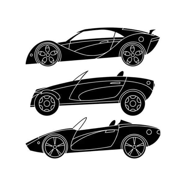 Conjunto de coches deportivos. Iconos de silueta negra. Ilustración vectorial — Archivo Imágenes Vectoriales