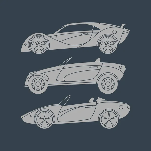 Un conjunto de super coches. Siluetas de luz dibujadas para imprimir. Vista lateral Vector ilustración — Archivo Imágenes Vectoriales