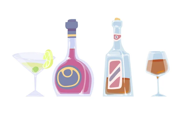 Karikaturzeichnung Von Flaschen Und Gläsern Mit Alkoholischen Getränken Auf Weißem — Stockvektor