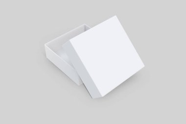 Yumuşak gri arka planda, açık kapaklı beyaz kare kutunun 3D görüntüsü. Hafifçe açılmış bir kutu. 3D görüntüleme. 3d illüstrasyon.
