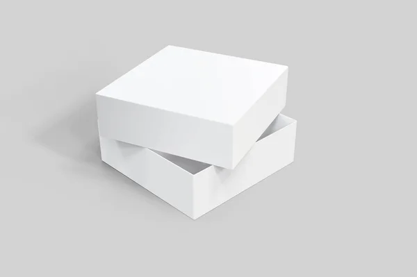 Рендеринг Белой Квадратной Коробки Мягком Сером Фоне Немного Открытая Коробка — стоковое фото
