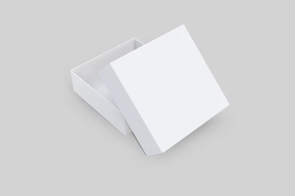 Vykreslení Bílé Čtvercové Krabice Otevřeným Víčkem Měkkém Šedém Pozadí Lehce — Stock fotografie