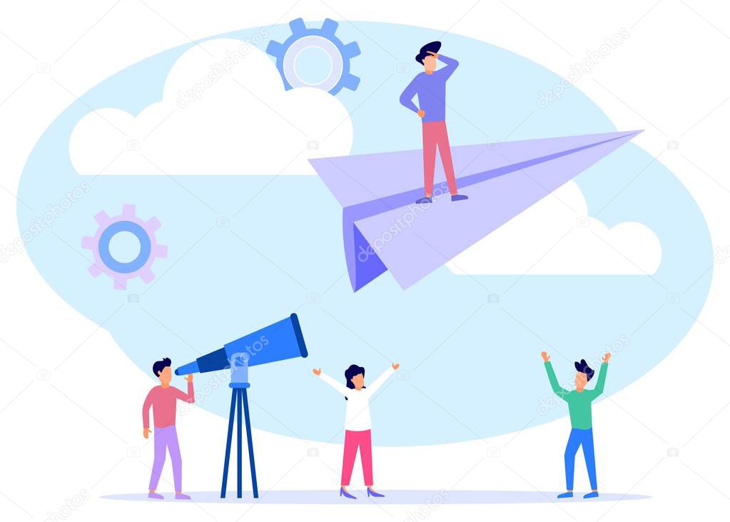 Vector illustration, concept of reaching a goal, a man riding a paper airplane, colleagues below giving encouragement and support.