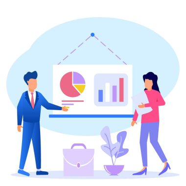 Resmi takım elbiseli işadamları tabloya yakın durup çizelge ve diyagramlara işaret ediyorlar. Yaratıcı iş konsepti. Güvenilir bir iş adamı. Modern vektör çizimi. Düz tasarım.