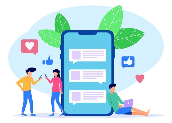 People around smartphones are big and use their own smartphones with social media elements and emoji icons in the background. Communicate with friends and send SMS. Vector illustration.