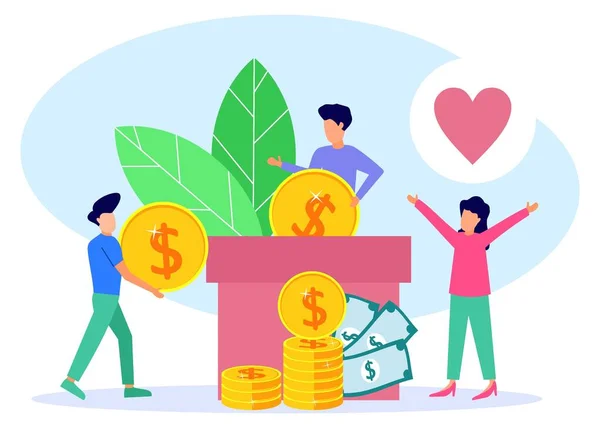 Düz izometrik vektör çizimi. Bağış ve yardım konsepti. İnsanlar bağış yapmak için para topluyor. Web pankartları, bilgi grafikleri, kahraman resimleri için kullanılabilir.