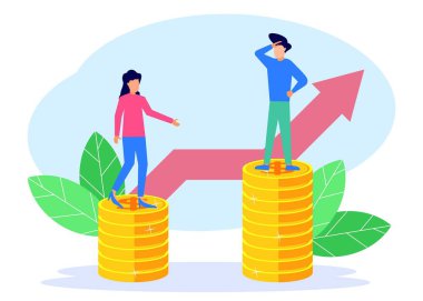 Vektör illüstrasyonu, maaş seviyelerini sembolize eden madeni paraların üzerinde duran iki iş kadını ve erkek. Ücretlerde cinsiyet ve eşitsizlik. Cinsiyet ayrımcılığı.