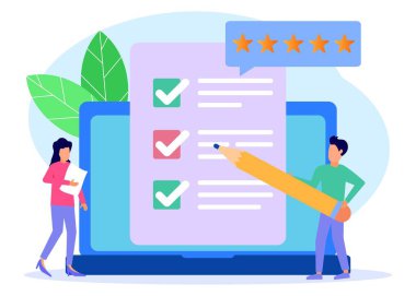 Vektör İllüstrasyonu. Müşteri Gözlem Formu Kişisi Doldurma Testi. Bir kadın ve bir erkek listeyi işaretliyor. Müşteri Tecrübesi ve Memnuniyeti.