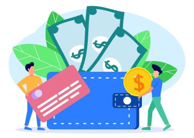 İş konseptinin temsili tasviri, dolar faturası, online ödeme, bozuk para dolu cüzdan. İnsanlar cüzdanlarına para koyuyorlar..