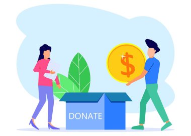 Düz izometrik vektör çizimi. Bağış ve yardım konsepti. İnsanlar bağış yapmak için para topluyor. Web pankartları, bilgi grafikleri, kahraman resimleri için kullanılabilir.