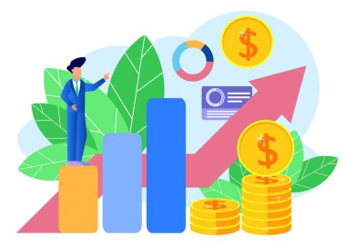 İş konseptinin vektör illüstrasyonu. Kâr artar. Satış büyüme konsepti. Kariyerden başarıya. İş adamları sıfırdan iş kurar..