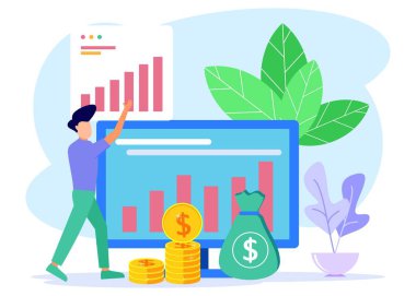 İş konseptinin vektör illüstrasyonu, yatırımdan dönüş, finansal grafikleri yöneten iş adamları, kar geliri, web iniş sayfaları için uygun, evet, mobil uygulamalar, afiş şablonları.