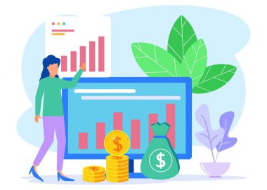 İş konseptinin vektör illüstrasyonu, yatırımdan dönüş, finansal grafikleri yöneten iş adamları, kar geliri, web iniş sayfaları için uygun, evet, mobil uygulamalar, afiş şablonları.