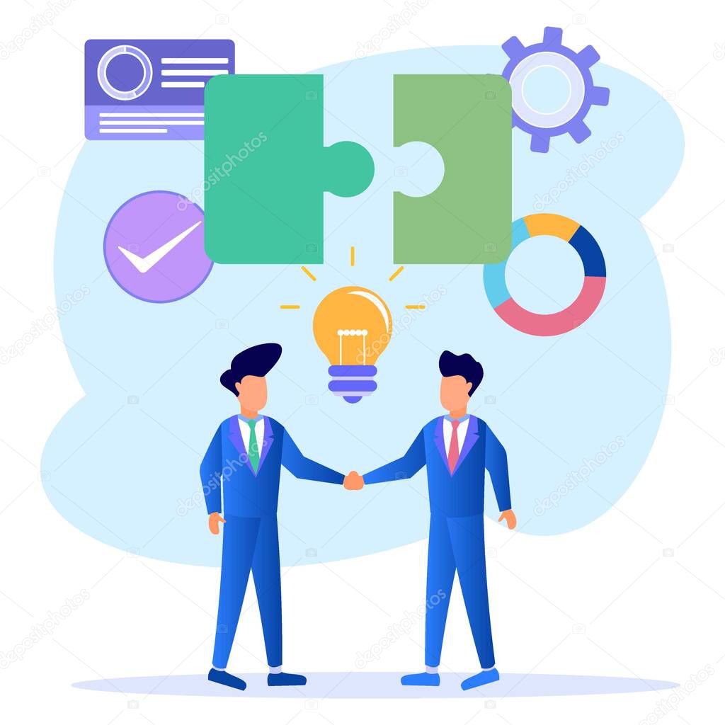 Vector illustration of a business concept, 2 businessmen collaborating and shaking hands. Investors invest money in ideas and get started. Partnership concept and agreement.