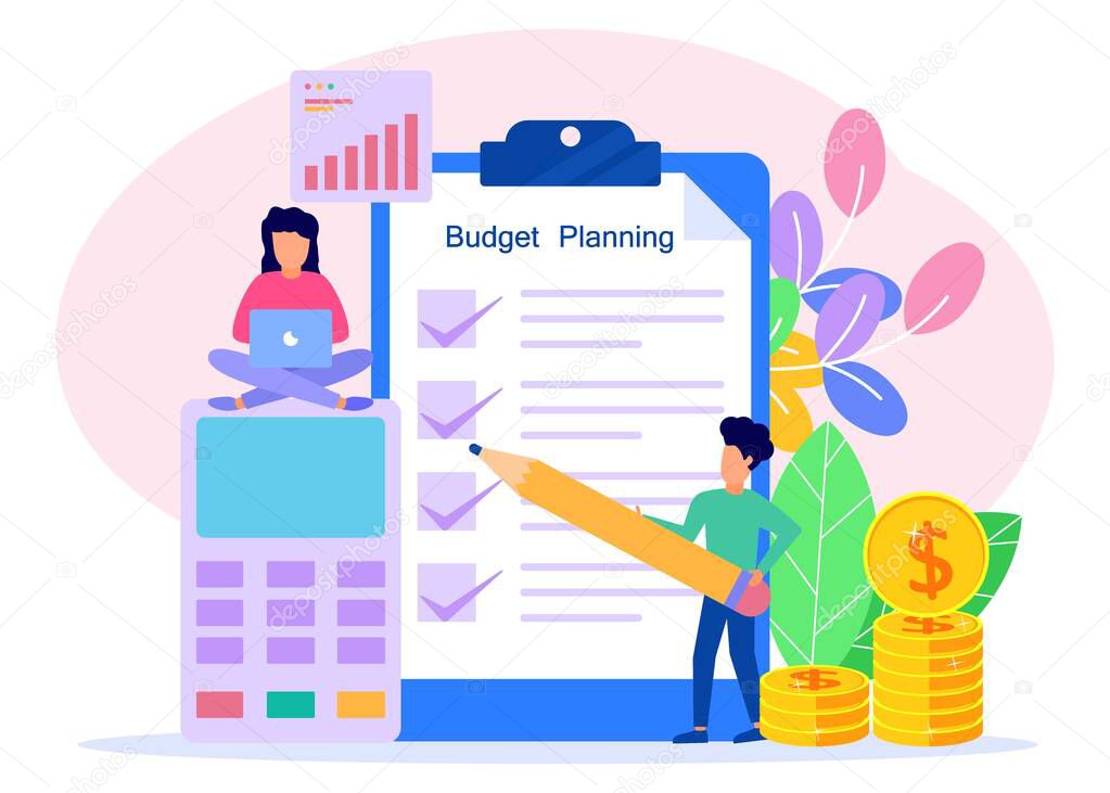 Flat style vector illustration. Budget planning concepts, financial analysts on paper checklists, new financial plan chart data, balance sheet financial statements.