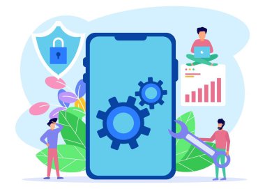 Modern vektör çizimi. Onarım Sistemi Güncellemesi Yeni Sürümü Değiştir. Güncelleme sürecini teknisyen olarak çalışan insanların karakterleri ile birlikte yükle.