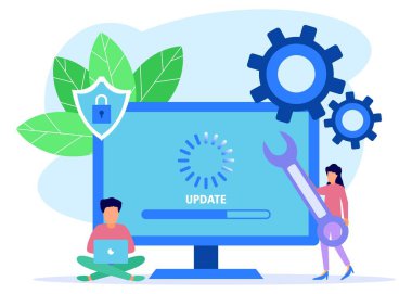Modern tarz vektör çizimi. Onarım Sistemi Güncellemesi Yeni Sürümü Değiştir. Güncelleme sürecini kişi karakterleriyle yükle. Web iniş sayfaları için uygun, evet, mobil uygulamalar, afiş şablonları.