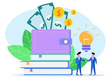 İki iş adamı işlerinde başarıya ulaşır. Bütçe, finans ve gelir kavramı. Ev tasarrufu ve yatırım. Modern vektör illüstrasyonu.