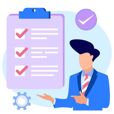 Bir işadamı kara tahtanın üzerindeki bir kontrol listesiyle belirtilen yönü gösteriyor. İş ödevi başarıyla tamamlandı. Düz vektör illüstrasyonu.